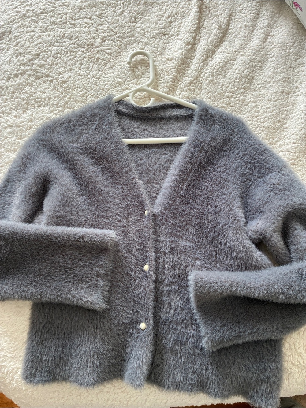 Plush V-Neck Fuzzy Button-Front Cardigan Sweater in Light Gray